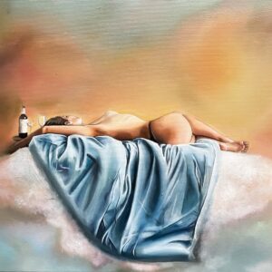 Figurative realistic oil painting of a woman on a cloud.